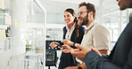 Business people, glass wall and excited with creativity, celebration or planning with idea for proposal. Success, employee or sales consultant with problem solving, smile or brainstorming for project