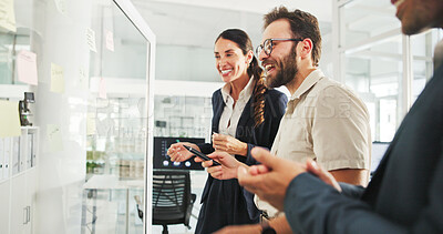 Buy stock photo Business people, glass wall and planning with creativity, teamwork or excited with ideas for proposal. Success, employee or sales consultant with problem solving, smile or brainstorming for project