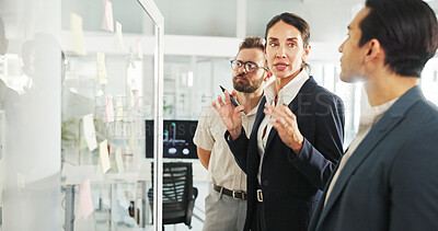 Buy stock photo Business, people and meeting with notes on glass for planning, schedule update and problem solving. Staff, talk and brainstorming for tasks reminder, agenda information and feedback of proposal goals