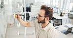 Businessman, writing or planning with glass board for schedule, agenda or tasks at office. Man, employee or planner with sticky note for brainstorming strategy, project ideas or reminder at workplace