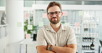 Arms crossed, portrait and happy with business man in office for schedule coordinator, appointment reminder and idea. Sticky note, calendar and project due date with person in creative startup