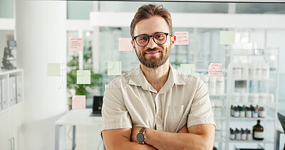 Buy stock photo Arms crossed, portrait and happy with business man in office for schedule coordinator, appointment reminder and idea. Sticky note, calendar and project due date with person in creative startup