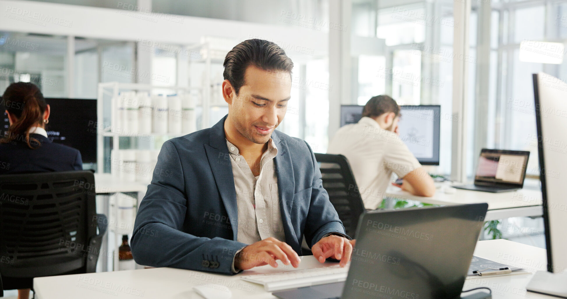 Buy stock photo Financial, typing or businessman with laptop for research, economy news or profit evaluation. Budget, finance advisor or economist with information for company revenue growth, payroll or investment