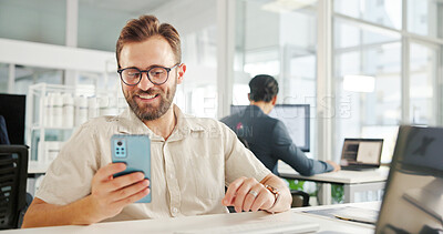 Buy stock photo Phone, happy and business man at desk with internet for communication, email or proposal deal. Web designer, technology and online for social media, contact and networking as creative employee