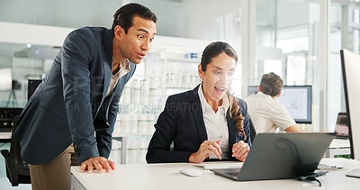 Buy stock photo Surprise, teamwork or business people on laptop for research, economy news or profit evaluation. Budget, shocked or economist with finance advisor for revenue growth, sales audit or investment report