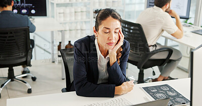 Buy stock photo Research, woman and tired with sleeping at desk for burnout, exhausted and bored with MRI study. Data analyst, technology and rest in lab office with nap, neuroscience analysis and relax with fatigue