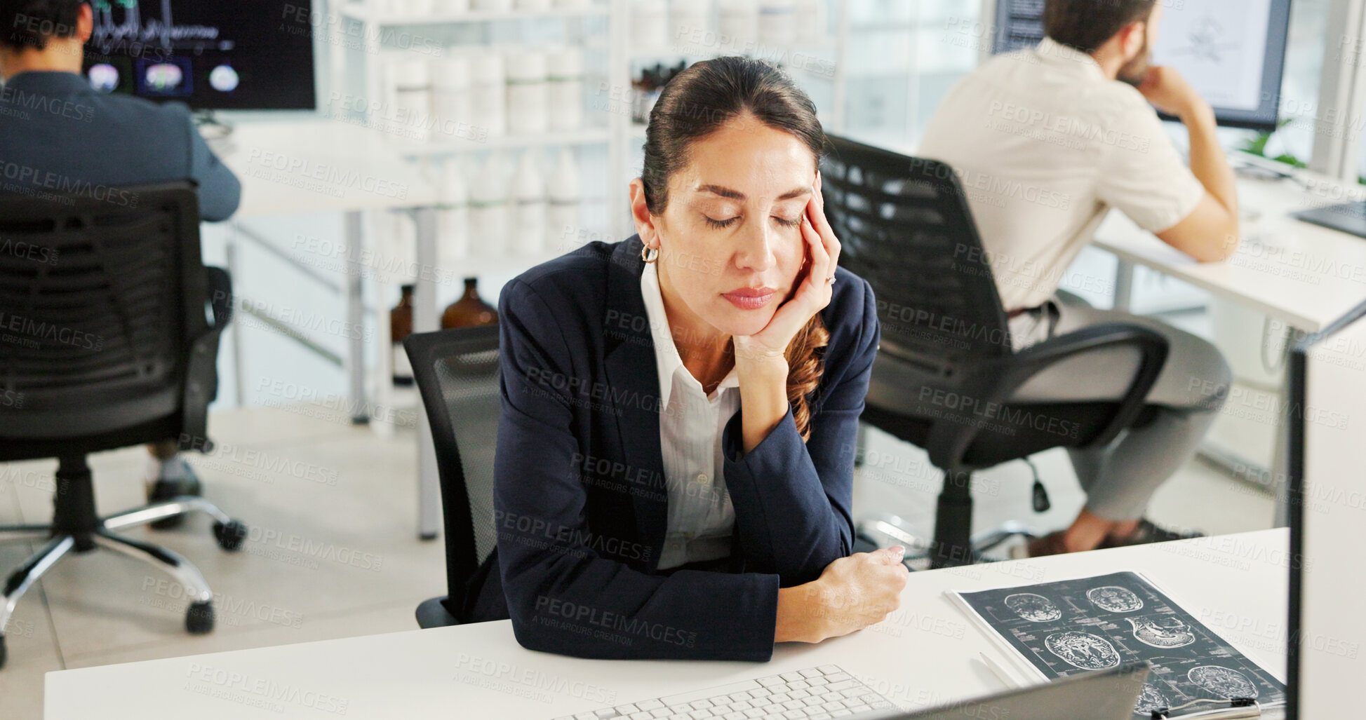 Buy stock photo Research, woman and tired with sleeping at desk for burnout, exhausted and bored with MRI study. Data analyst, technology and rest in lab office with nap, neuroscience analysis and relax with fatigue
