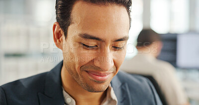 Buy stock photo Office, employee and man with smile, thinking and planning for financial growth, confident and company. Corporate, reflection and Asian person with ideas for investment, banker and happy in business