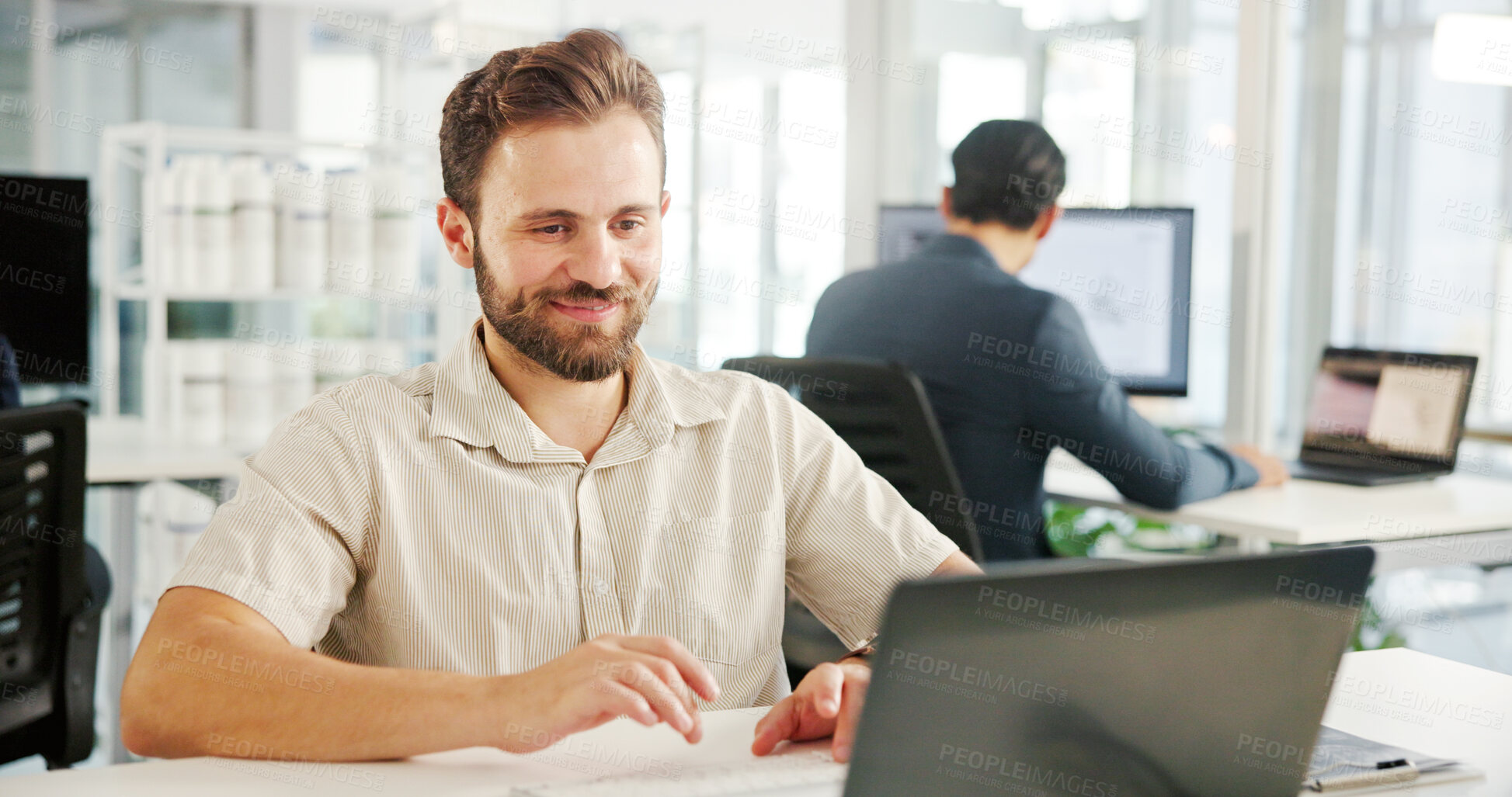 Buy stock photo Finance, typing or businessman with laptop for economy news, research or profit evaluation. Budget, financial advisor or economist with information for company revenue growth, payroll or investment 