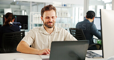 Buy stock photo Happy man, laptop or typing in hospital for research, project management or scientific study. Medical engineer, tech or smile in coworking space for healthcare review with pharmaceutical development