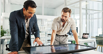 Buy stock photo Men, discussion or screen with brain x ray for medical examination or neurology study at office. Health professionals, neurologist or surgeons with interactive display, MRI or CT scan on test results