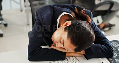 Buy stock photo Science, woman and tired with sleeping in office for burnout, exhausted and overworked on MRI imaging. Data analyst, employee and rest on desk for nap, neuroscience experiment fatigue and innovation