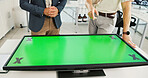 Hands, business and people with green screen in office for information, medical proposal and feedback. Men, chromakey display and tracking markers, interactive and mockup space with neurology report