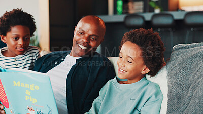 Buy stock photo Black family, father and children with book on sofa for storytelling, language development or bonding. Happy people, man or boys in home with fantasy novel for knowledge, literacy support and reading