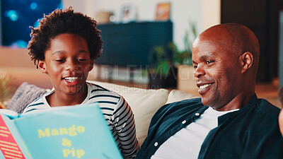 Buy stock photo Black family, dad and child with book on sofa for storytelling, language development and learning support. Happy people, man and boy kid in home with fantasy novel for knowledge, reading and bonding