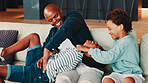 Happy, black family and dad with children on sofa for playful weekend, holiday or bonding at home. Father, sons or kids laughing with smile on couch for love, care or childhood moments together