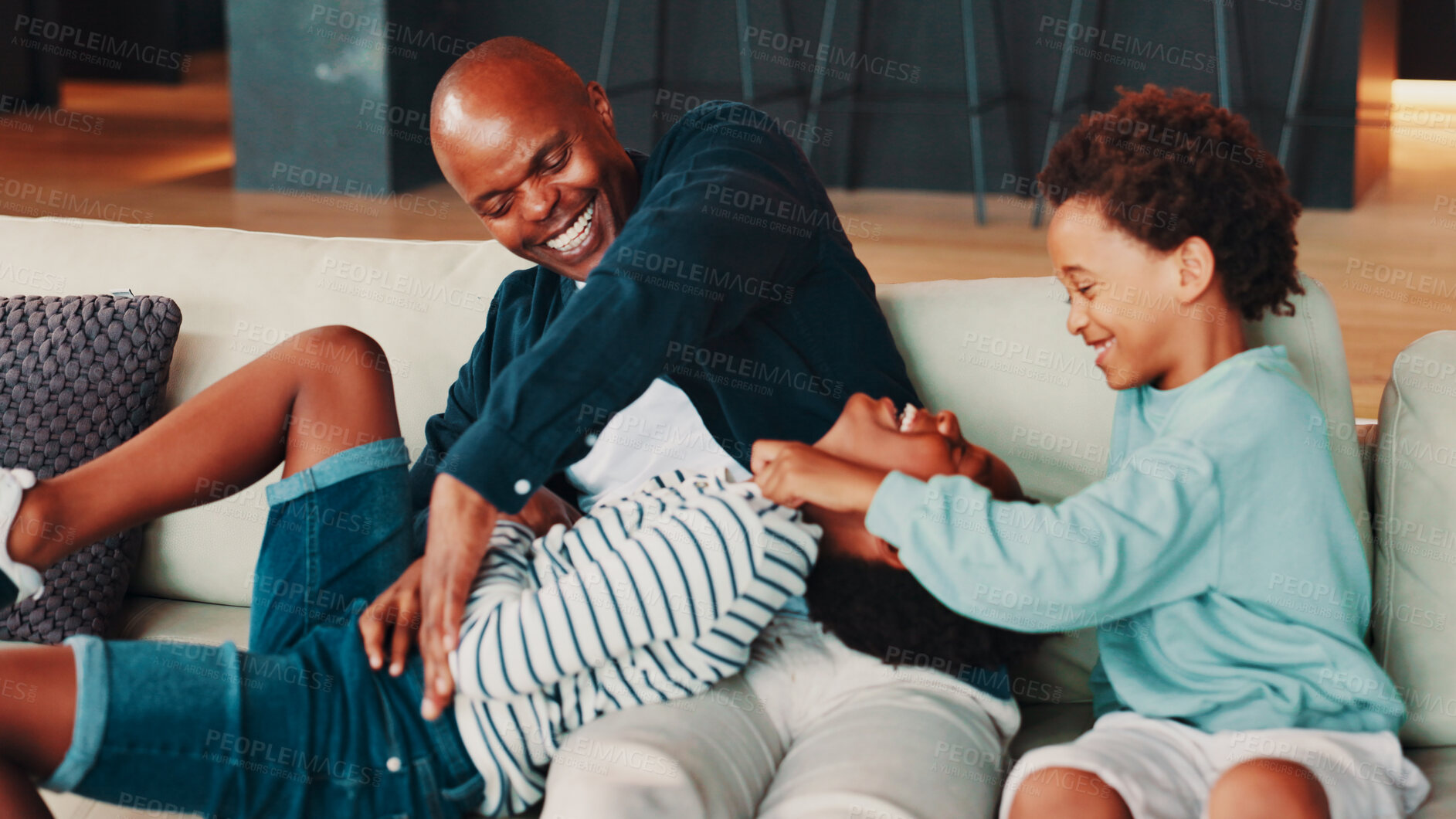 Buy stock photo Happy, black family and dad with children on sofa for playful weekend, holiday or bonding at home. Father, sons or kids laughing with smile on couch for love, care or childhood moments together