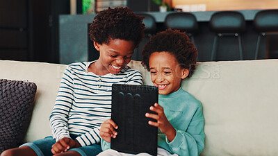 Buy stock photo Home, brothers and boys on sofa, tablet and smile with social media, connection and bonding together. African kids, apartment or children on couch, technology and online game with digital app or meme