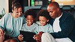 Home, parents and boys on sofa, tablet and bonding together with digital app, love and laugh. African family, mother and father on couch, smile or children with happiness, social media or funny video