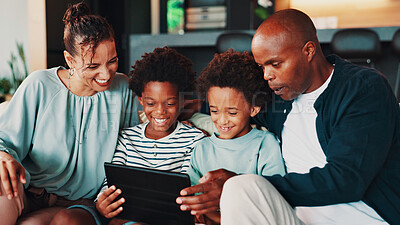 Buy stock photo Home, parents and boys on sofa, tablet and bonding together with digital app, love and laugh. African family, mother and father on couch, smile or children with happiness, social media or funny video