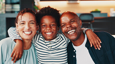 Buy stock photo Portrait, hug and parents with son, smile and bonding together with love in lounge. Face, African family or mother on sofa, father or boy with happiness, embrace or home with trust, joyful and relax