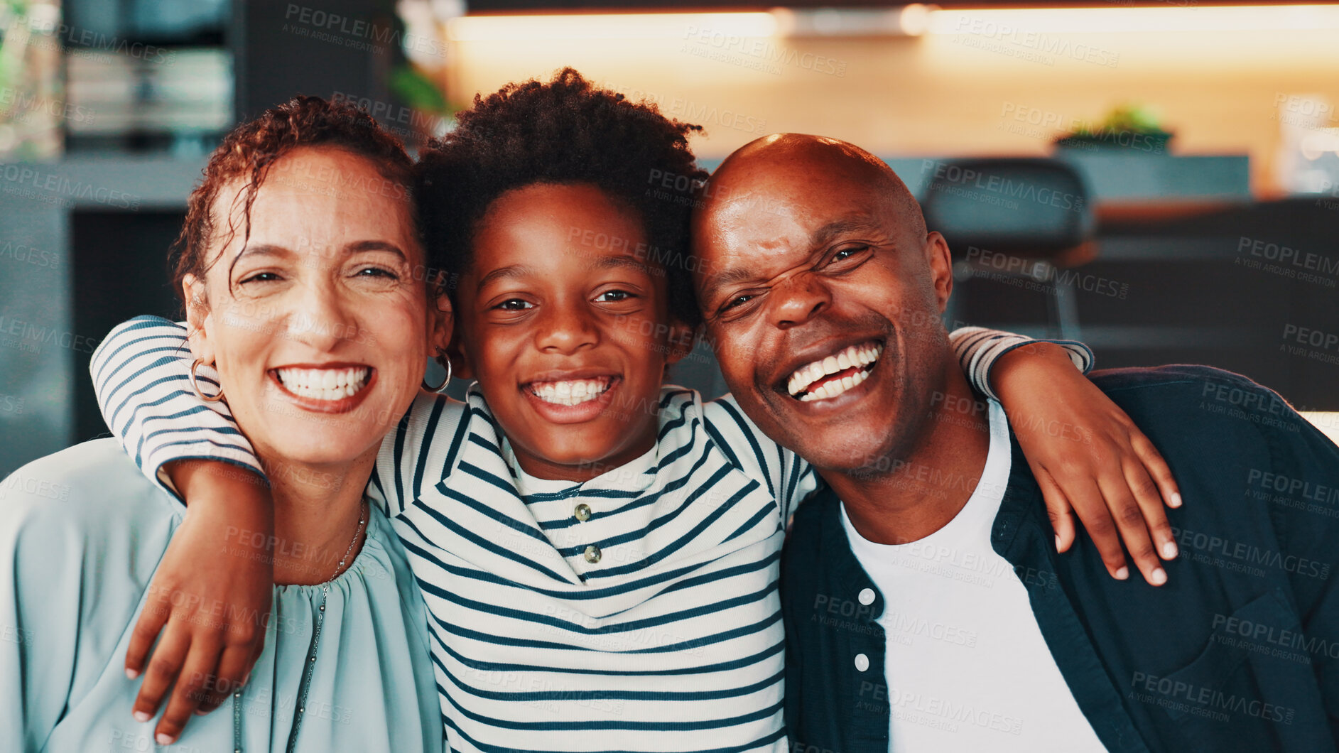 Buy stock photo Portrait, hug and parents with son, smile and bonding together with love in lounge. Face, African family or mother on sofa, father or boy with happiness, embrace or home with trust, joyful and relax