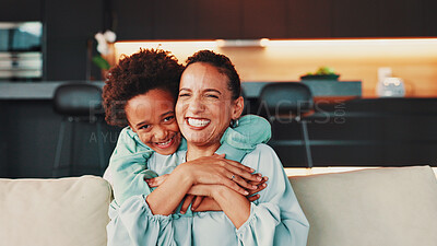 Buy stock photo Portrait, hug and mother with son, funny and bonding together with joy in living room. Face, African family or parent on sofa, mama or boy with happiness, embrace or home with love, laughing or relax