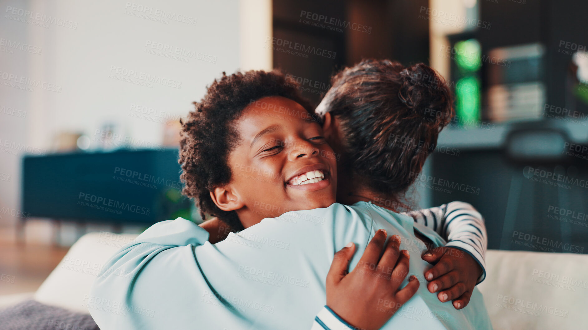 Buy stock photo Hugging, love and child with mother in home for trust, safety or care together in living room. Happy, African and kid embracing mom for protection, connection or bonding on weekend at family house