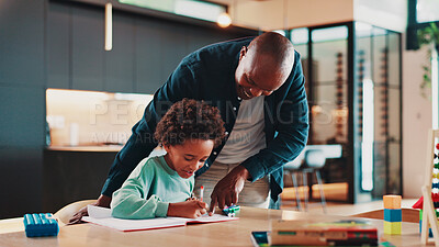 Buy stock photo Black family, father and child with homework in home for school assignment, writing development and helping. Happy people, man or boy kid with book for creative lesson, education support and learning
