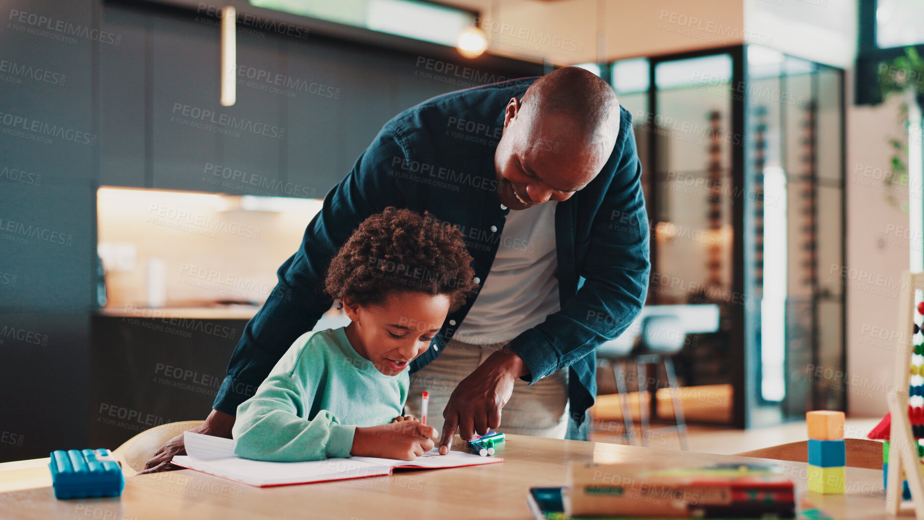 Buy stock photo Black family, father and child with homework in home for school assignment, writing development and helping. Happy people, man or boy kid with book for creative lesson, education support and learning