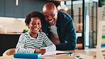 Portrait, father and son with homework, smile and bonding together with education, support and help. African family, parent and dad with boy, child development and knowledge with creativity and funny