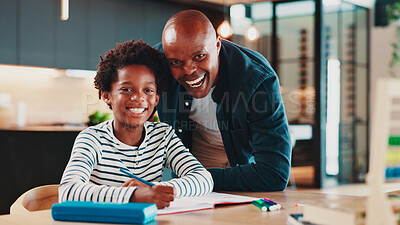 Buy stock photo Portrait, father and son with homework, smile and bonding together with education, support and help. African family, parent and dad with boy, child development and knowledge with creativity and funny