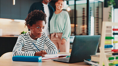 Buy stock photo Homework, laptop and boy in home for online learning, education and virtual lesson on school website. Happy parents, family and child on computer for assessment, knowledge and studying on webinar
