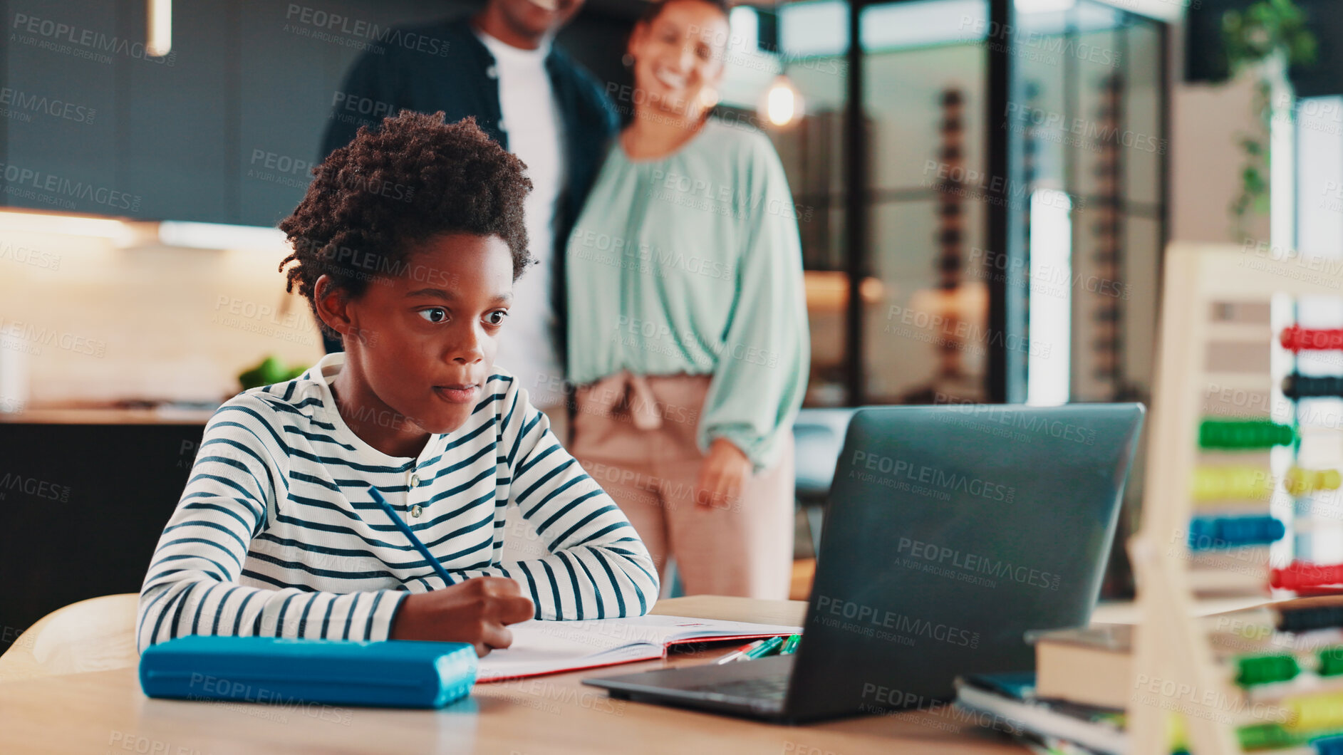 Buy stock photo Homework, laptop and boy in home for online learning, education and virtual lesson on school website. Happy parents, family and child on computer for assessment, knowledge and studying on webinar