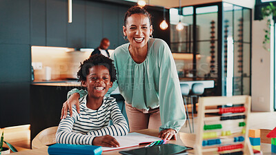 Buy stock photo Homework, home and portrait of mom with boy for online learning, education and maths lesson on tablet. Happy, African family and mother and child with abacus for school, knowledge and studying