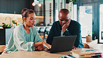 Budget, finance and laptop with couple in home together for insurance, investment or savings. Computer, planning or research with man and woman in dining room for financial or wealth management