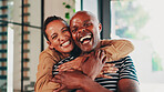 Happy couple, hug and portrait with laugh for love, care or affection together at home. Face, man and woman with smile, touch or embrace in joy or comfort for romance, holiday or weekend at house