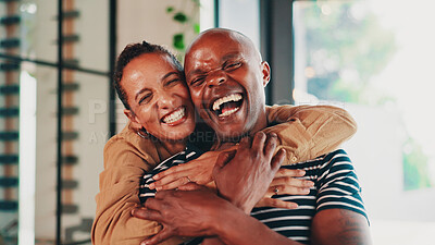 Buy stock photo Happy couple, hug or portrait with laugh for love, care or affection together at home. Face, man and woman with smile, positive commitment or comfort for embrace, holiday weekend or marriage at house