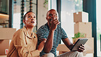 New home, property and couple with tablet, boxes and conversation for renovation. African man, apartment and woman with discussion, real estate or moving house with digital app for decoration or talk