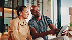 New home, planning and couple on tablet talking for decor, interior design and online ideas. Real estate, marriage and man and woman on digital tech for furniture shopping, inspiration and renovation
