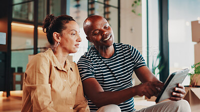 Buy stock photo New home, planning and couple on tablet talking for decor, interior design and online ideas. Real estate, marriage and man and woman on digital tech for furniture shopping, inspiration and renovation