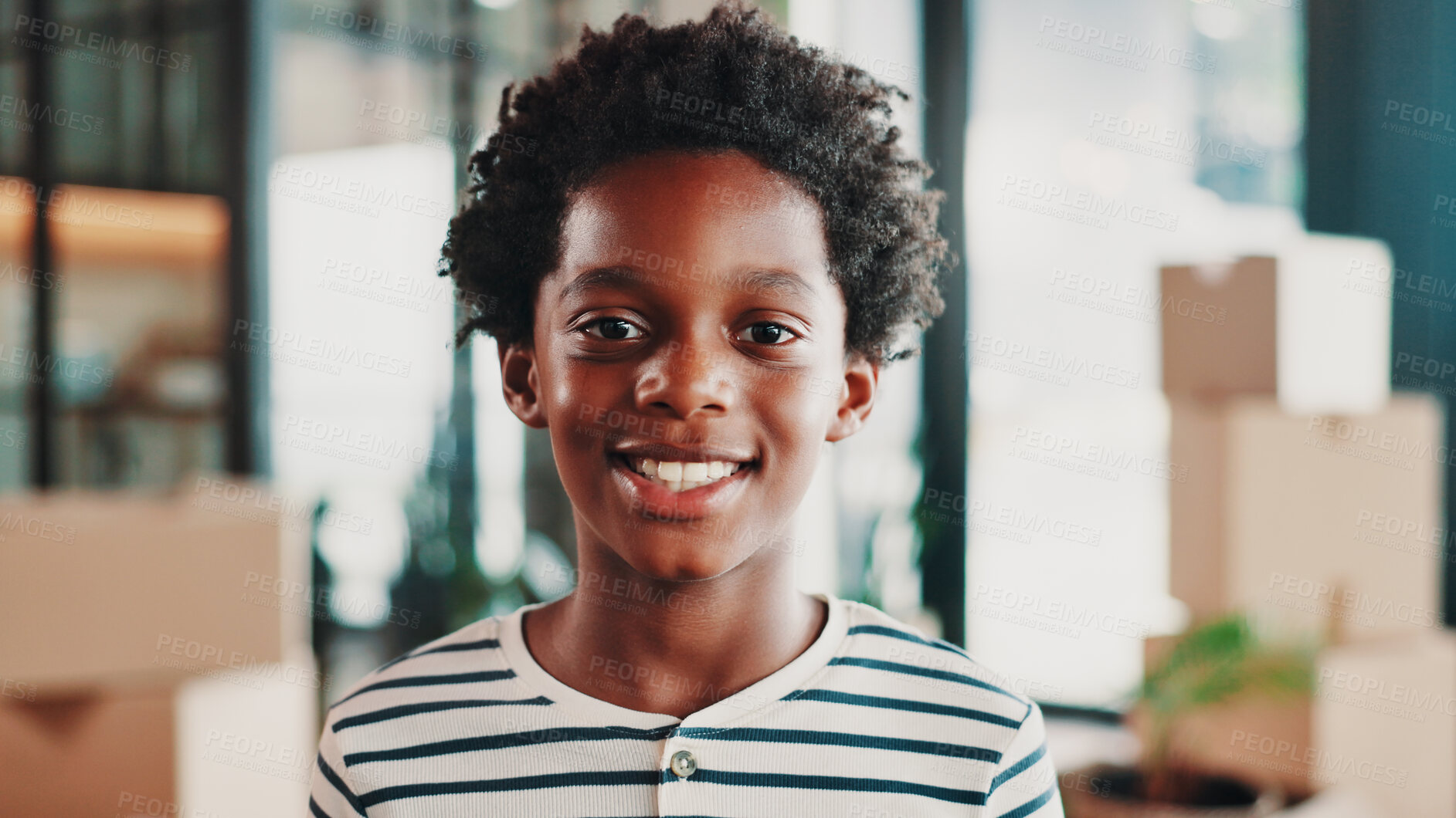 Buy stock photo Happy, moving day and portrait of child in home with boxes with smile for new house, apartment or rental. Family, real estate and African boy ready for relocation for property, investment or purchase