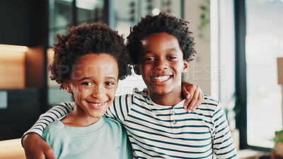Buy stock photo Happy, moving day and portrait of children hug in home with boxes for new house, apartment or rental. African family, real estate and kids ready for relocation for property, investment or purchase