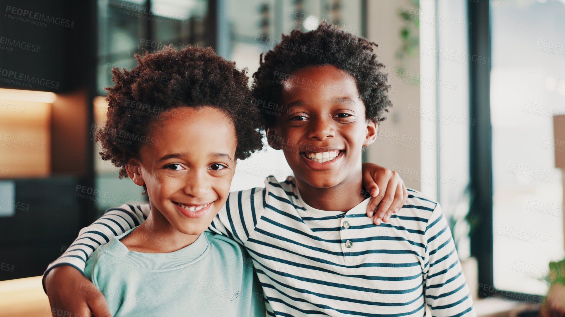 Buy stock photo Happy, moving day and portrait of children hug in home with boxes for new house, apartment or rental. African family, real estate and kids ready for relocation for property, investment or purchase