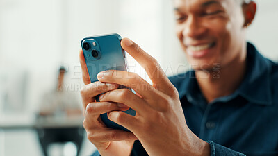 Buy stock photo Business, man or hands with phone in office for email response, check schedule or reading online news. Professional, employee or typing on smartphone for work break, social media scroll or connection