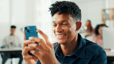 Buy stock photo Business, man and smile with phone in office for text message, good news or reading client email. Journalist, employee or typing on smartphone for article research, check notifications and web scroll