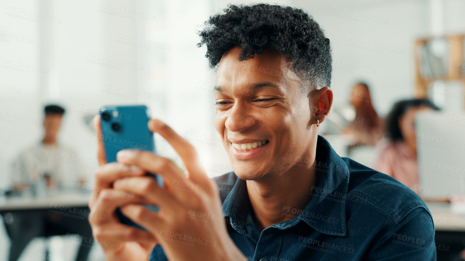Buy stock photo Business, man and smile with phone in office for text message, good news or reading client email. Journalist, employee or typing on smartphone for article research, check notifications and web scroll