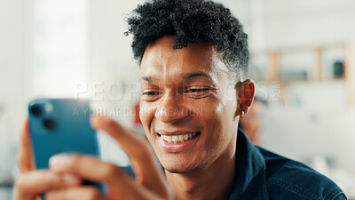 Buy stock photo Business, man and happy with phone in office for text message, mobile chat or reading digital news. Professional, employee or typing on smartphone for work break, checking notifications or web scroll