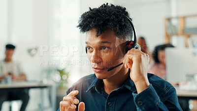 Buy stock photo Contact us, headset and support with man in call center for assistance, help or lead generation. Communication, crm and microphone with virtual assistant at work in customer service for feedback