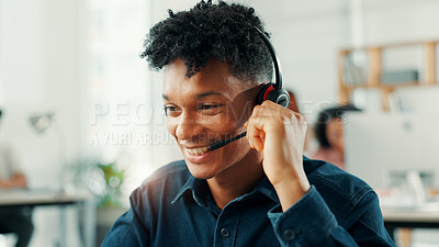 Buy stock photo Consulting, smile and support with man in call center for assistance, help or lead generation. Communication, contact and mic with happy virtual assistant at work in customer service for feedback
